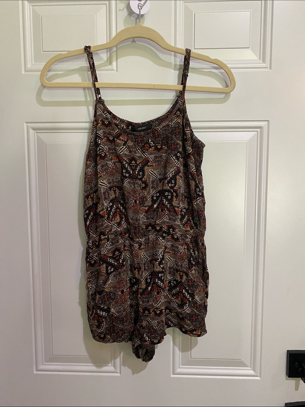 Forever 21 Brown and Black Tribal Print Spaghetti-Strap Romper